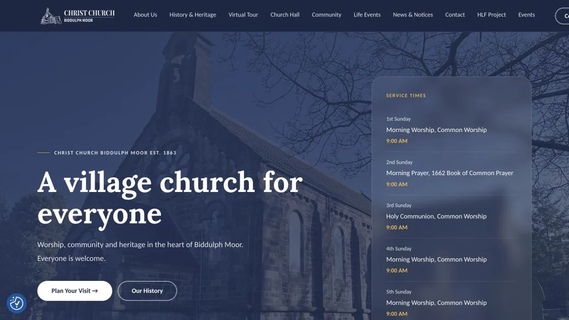 The Christ Church Biddulph Moor homepage: "A village church for everyone" over a photo of the church at dusk, with a list of services beside it.