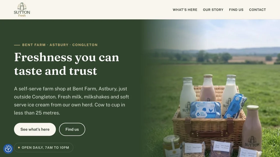 The Sutton Fresh homepage: a farm shop website with the headline "Freshness you can taste and trust" above a photo of milk bottles in a field.
